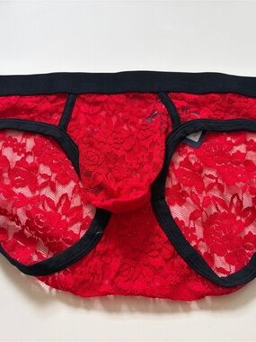 Red Lace Men’s Briefs with Black Trim